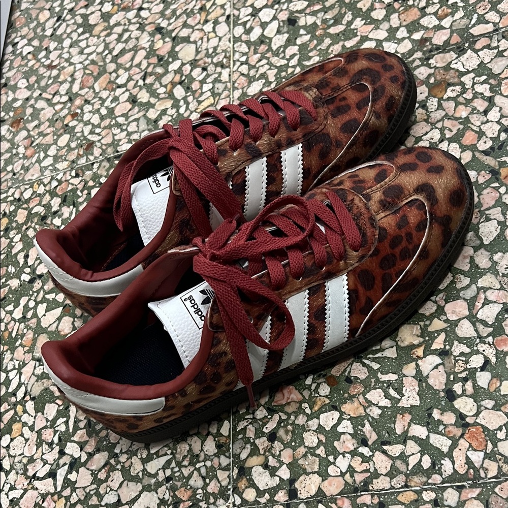 adidas Leopard Print Gazelle-Style Sneakers with White Stripes and Brown Sole - Picture 3 of 4